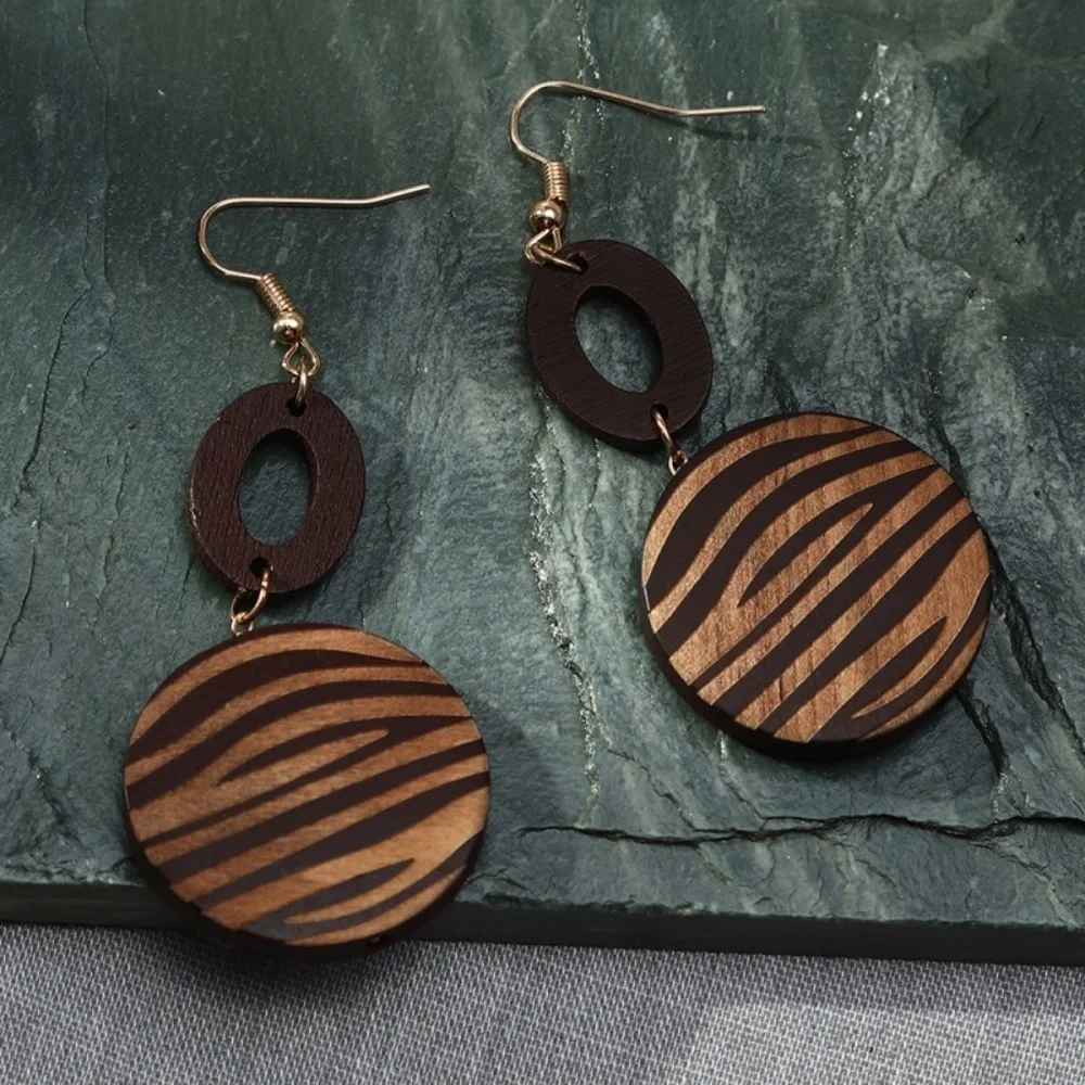*ANIERA* Dark Brown Simple Round Zebra Print Wooden Fashion Earrings
